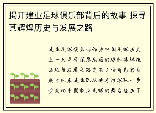 揭开建业足球俱乐部背后的故事 探寻其辉煌历史与发展之路