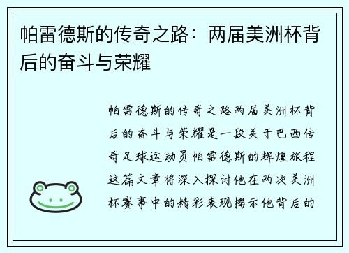 帕雷德斯的传奇之路：两届美洲杯背后的奋斗与荣耀